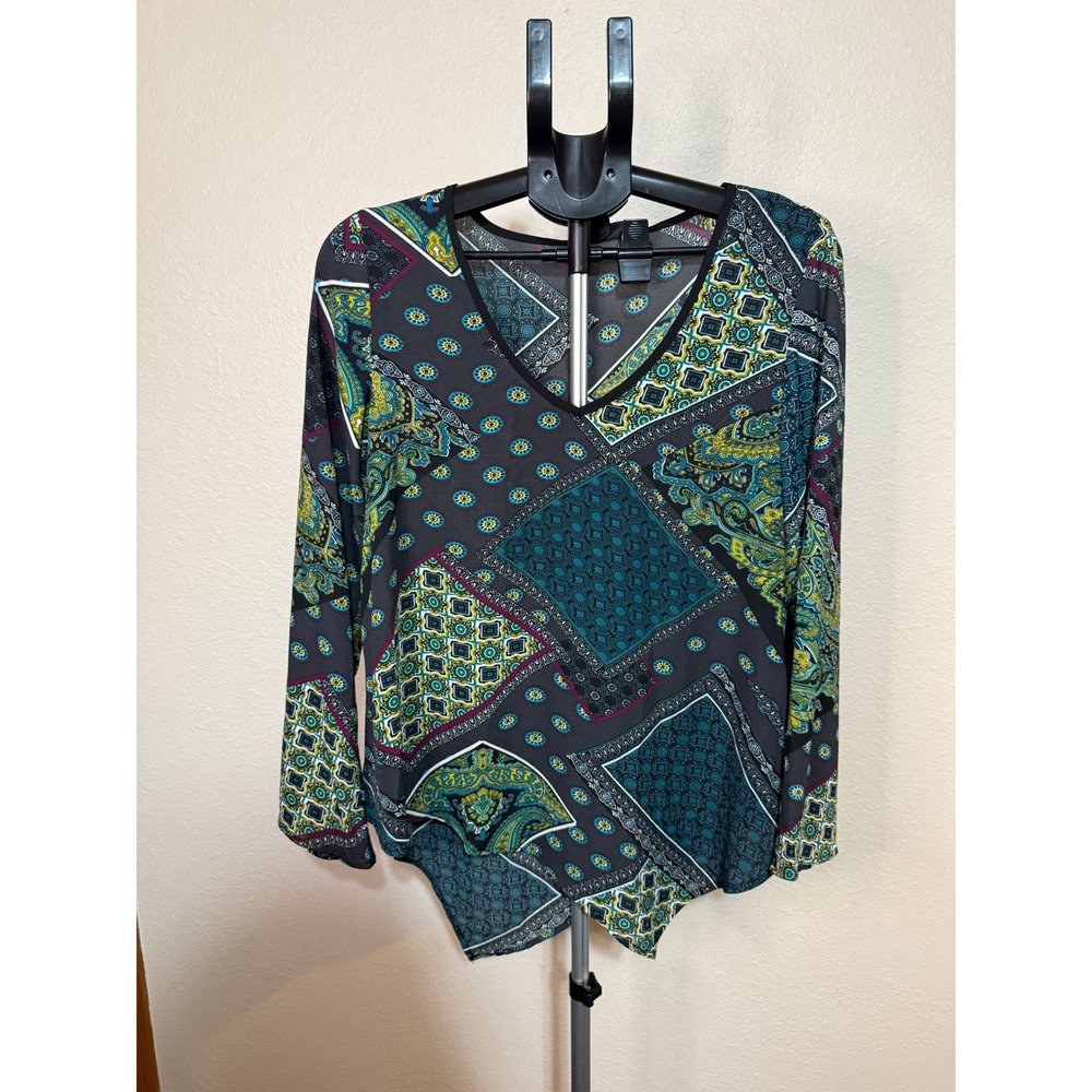 Chelsea & Theodore Paisley Patchwork V-Neck Asymmetrical Blouse Grey Teal Small